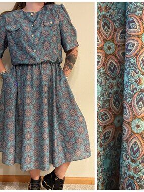 Vintage 70s California Looks Printed Secretary Dress Elastic Waist Large